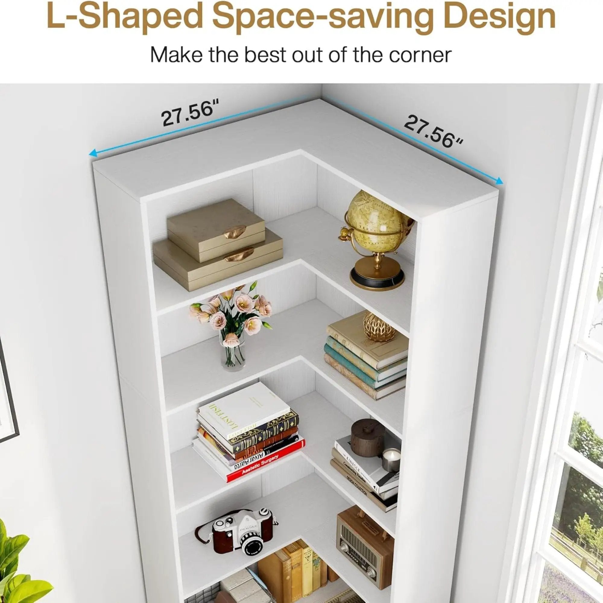 L-Shaped Bookcase, 5 Tier Freestanding Corner Bookshelf