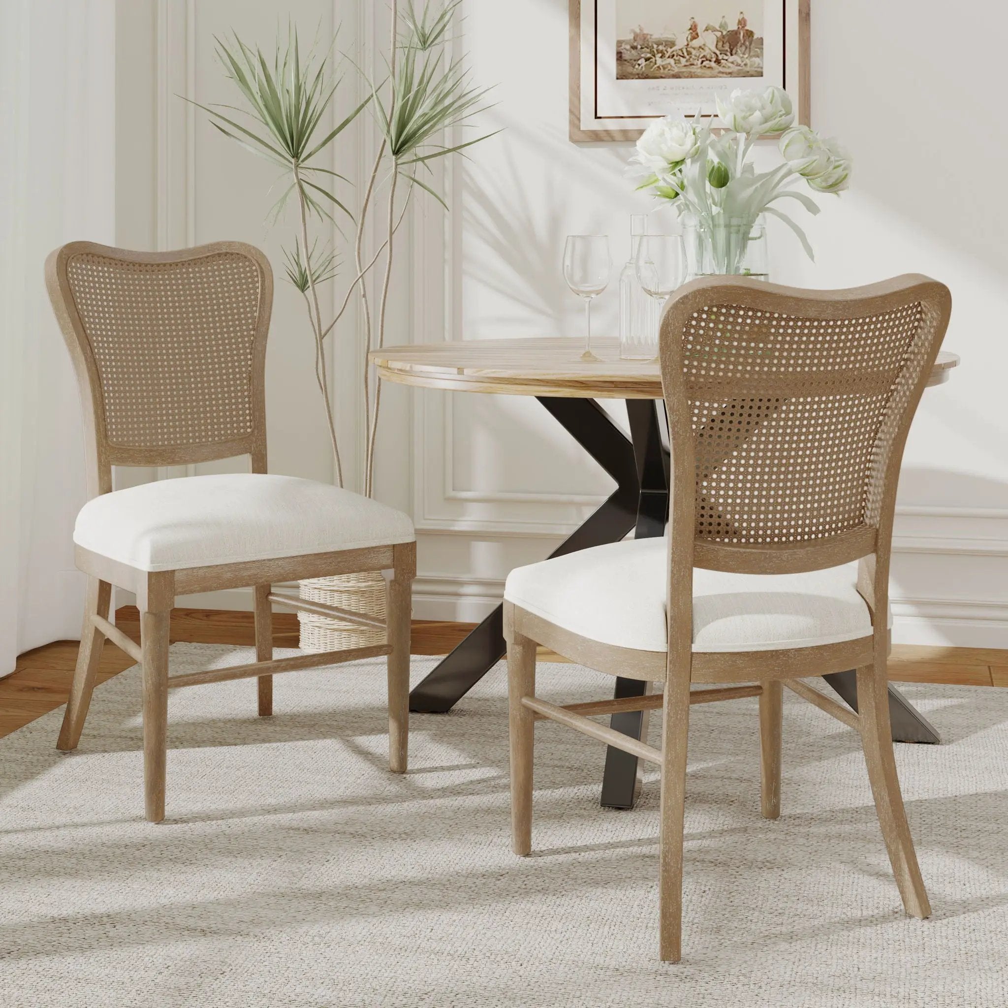 Classic Retro Dining Chair (Set of 2) With Rattan Backrest - Dark Brown / Beige by HouseOfZazla
