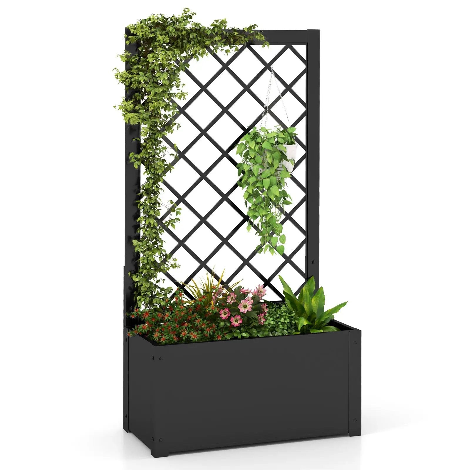 44 Inch Metal Raised Garden Bed with Trellis-Black by DirectDeals