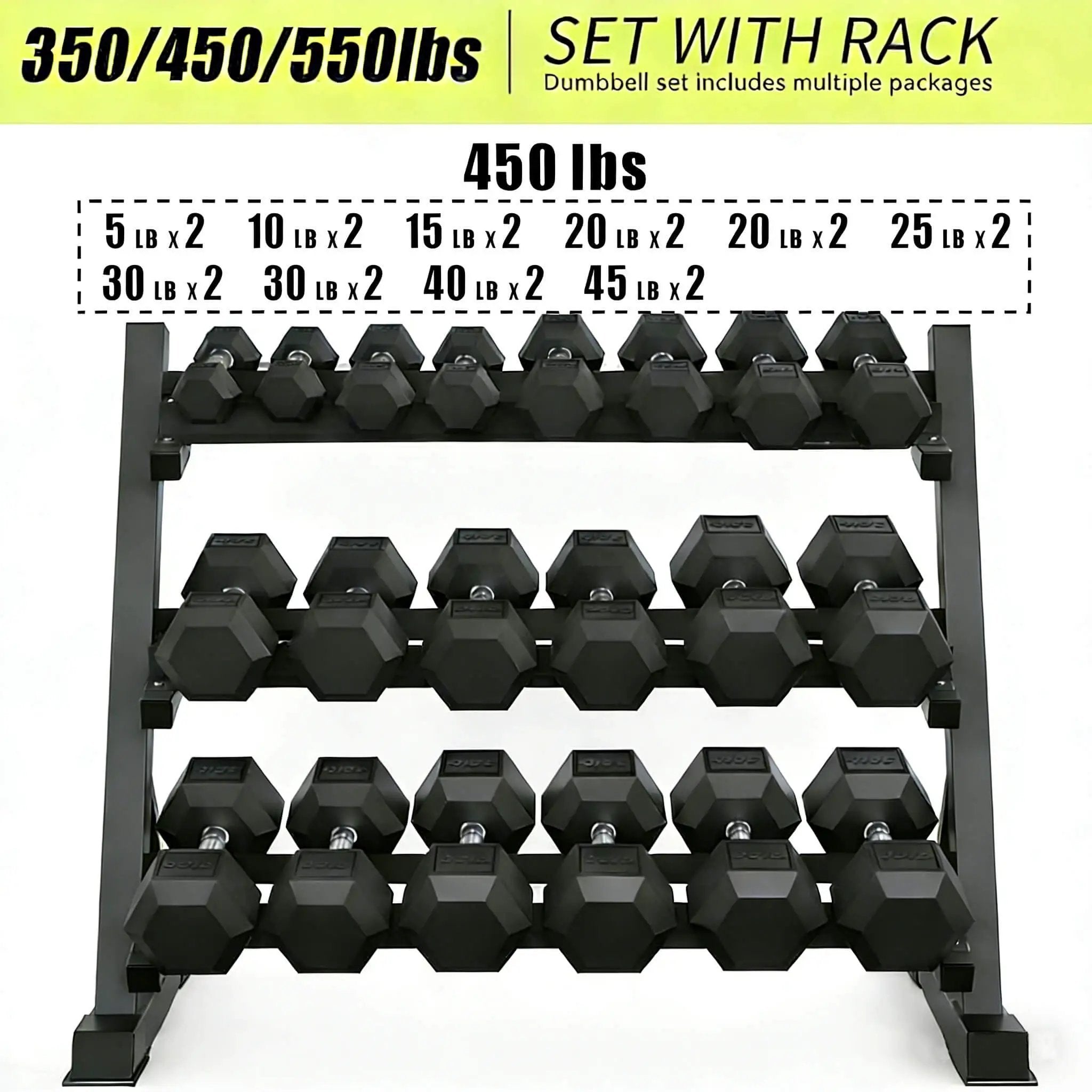 Rovix 450-Pounds Rubber Hex Dumbbell Set With Rack (SAK90714) by SAKSBY WHOLESALE