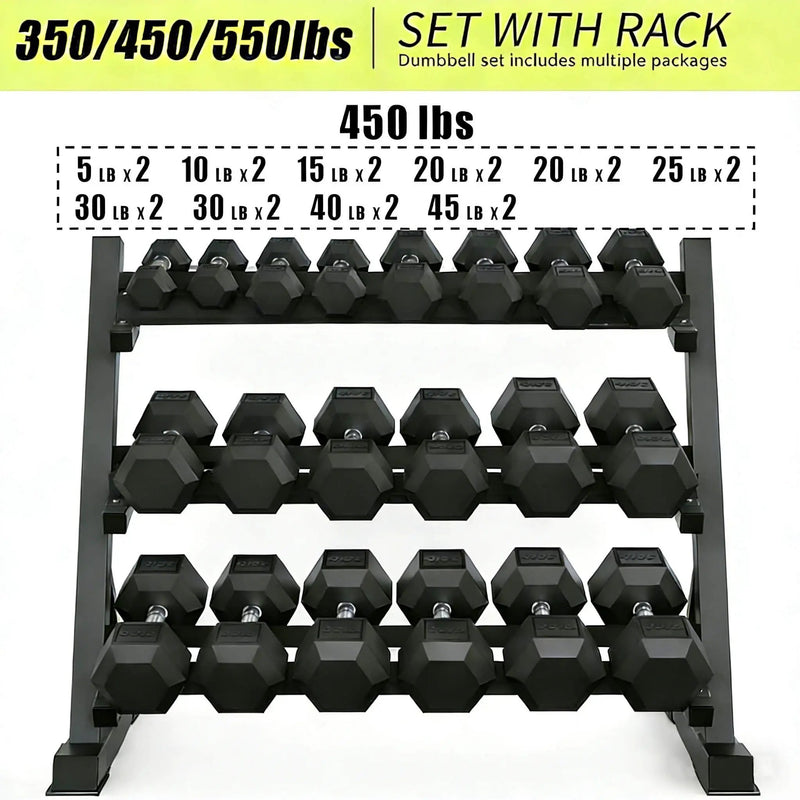 Rovix 450-Pounds Rubber Hex Dumbbell Set With Rack (SAK90714) by SAKSBY WHOLESALE