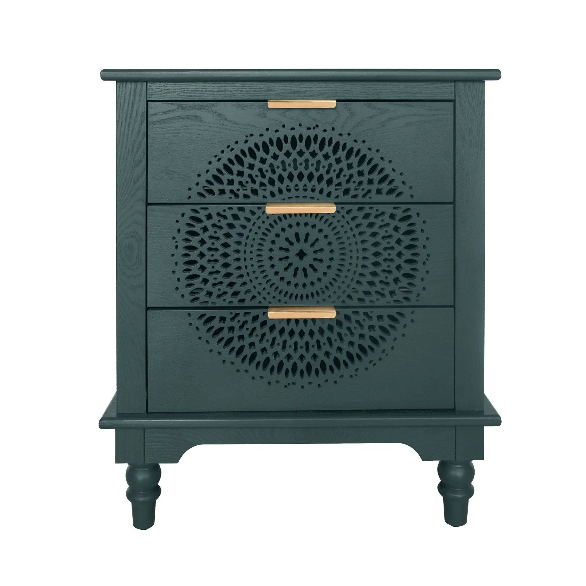 Hollow Carved 3 Drawer Dresser With Metal Handles, Storage Chest For Living Room Or Bedroom - Blackish Green by Unique Piece Furniture
