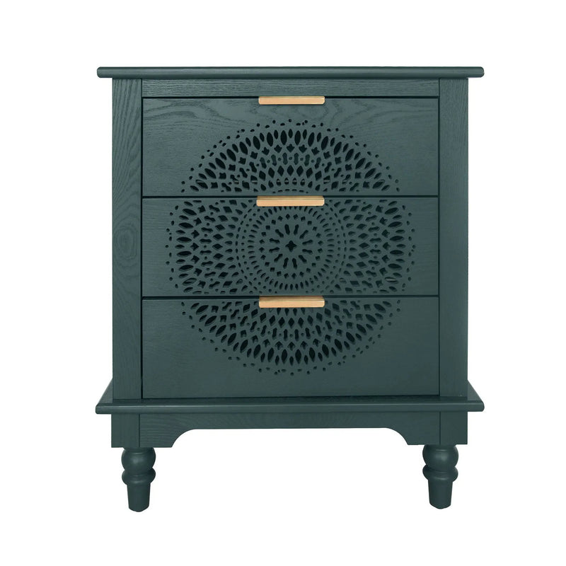 Hollow Carved 3 Drawer Dresser With Metal Handles, Storage Chest For Living Room Or Bedroom - Blackish Green by HouseOfZazla