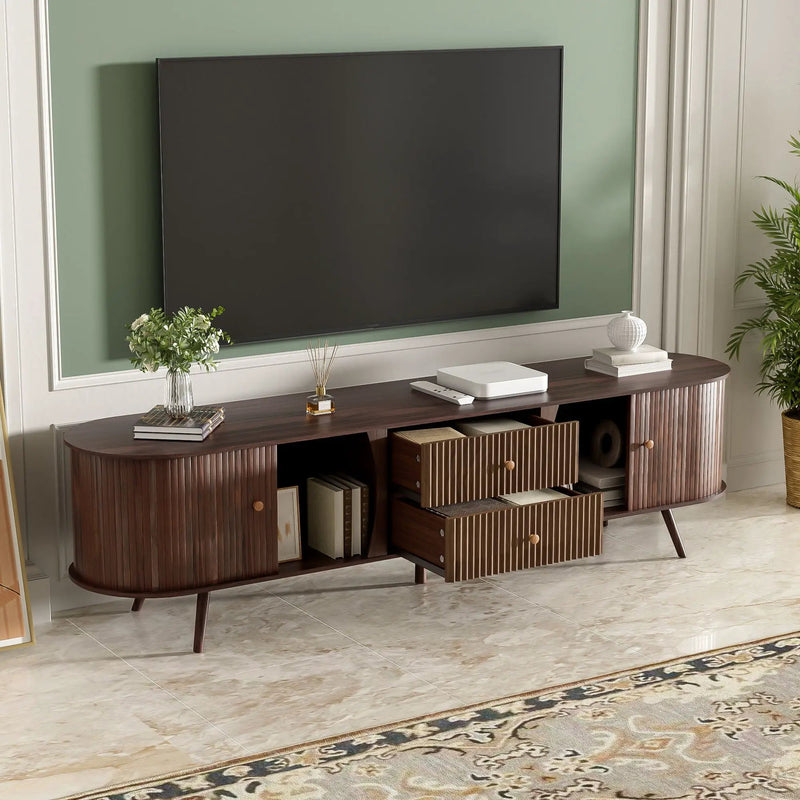 70" TV Stand With Tambour Doors And Fluted Drawers - Dark Brown by Unique Piece Furniture
