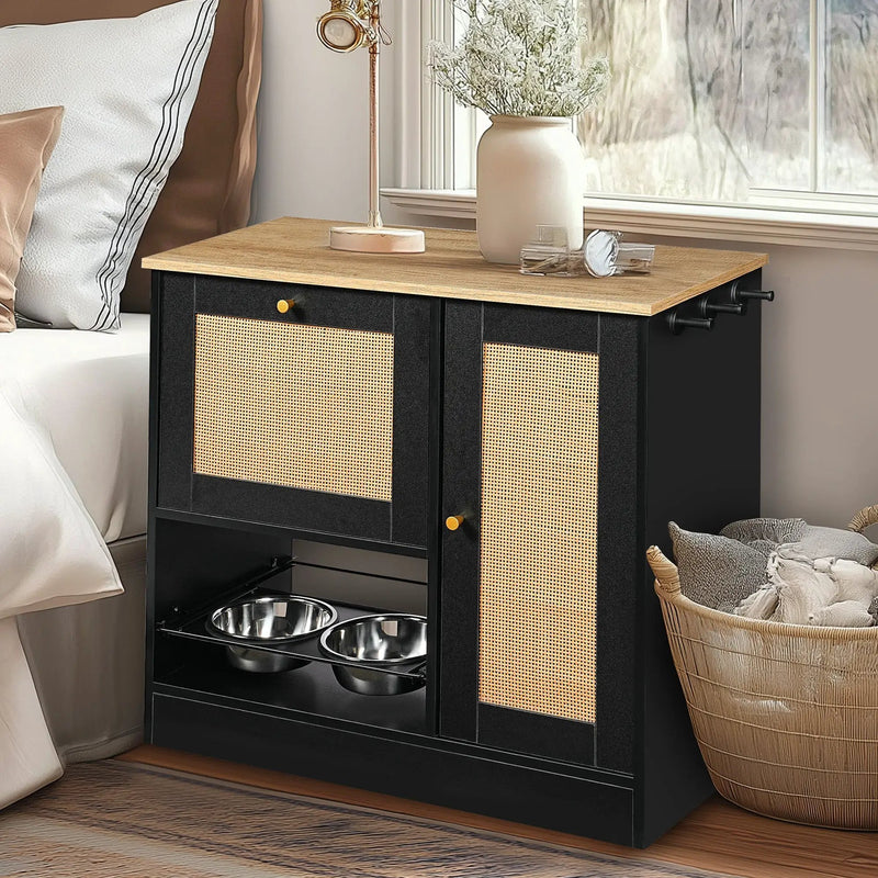 Feeding Station with 2 Lockers and Elevated Bowls Black by HouseOfZazla
