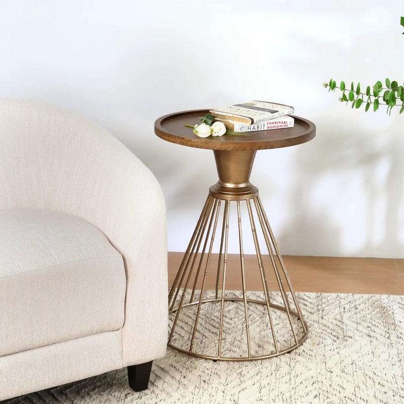 Hollow Edge Retro Art Pine Side Table with Antique Gold and Natural Color by HouseOfZazla