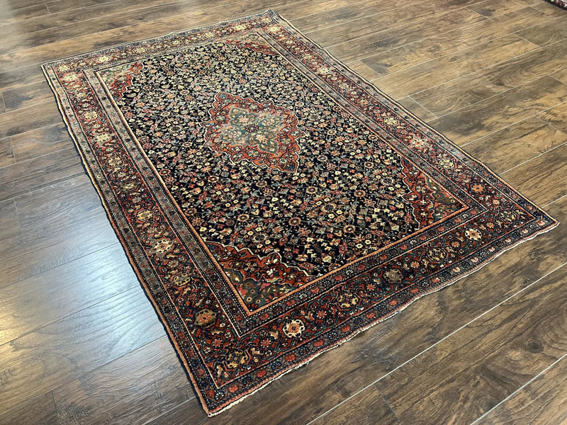 Persian Rug 4x7 Antique Sarouk Farahan Carpet, Navy Blue and Red Wool Rug by Jewel Rugs