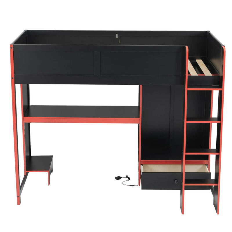 Gaming Loft Bed With Built In Desk, Wardrobe, LED Lighting And Drawer