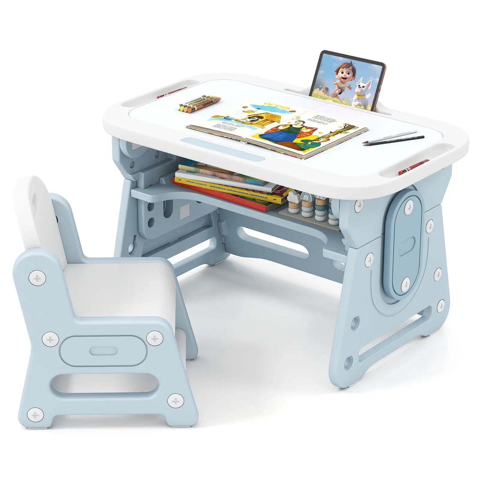 Height Adjustable Kids Table and Chair Set with Tiltable Whiteboard and Concave Shelf by DirectDeals