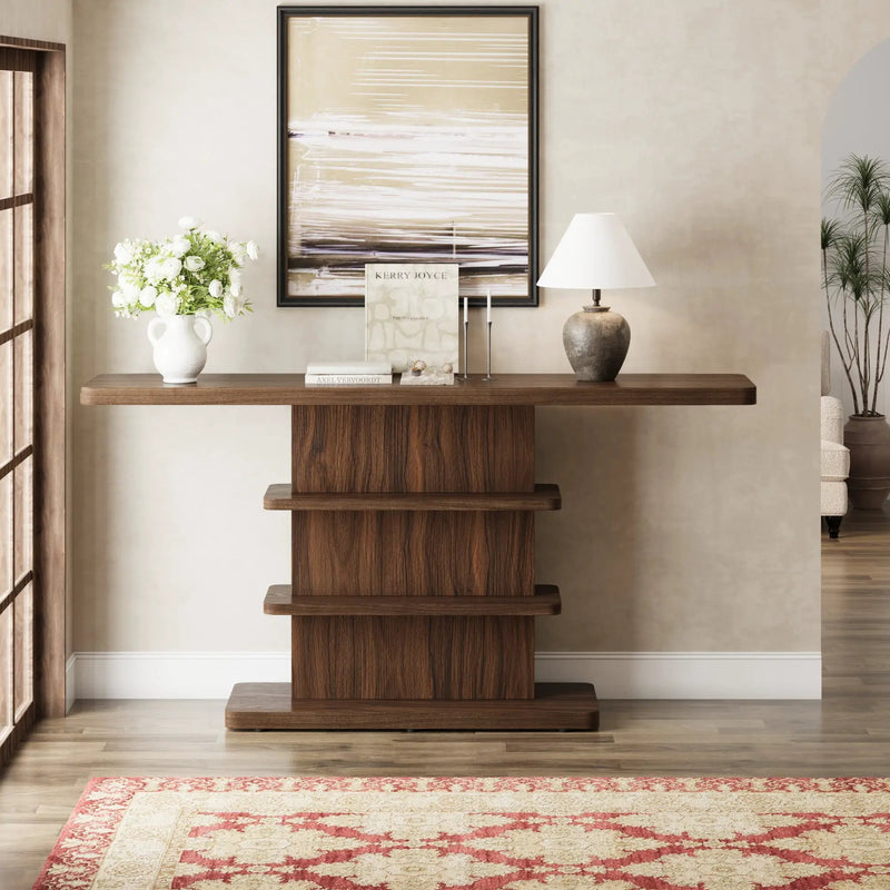 63" Vintage Narrow Console Table with 2 Tier Open Storage Shelves by HouseOfZazla
