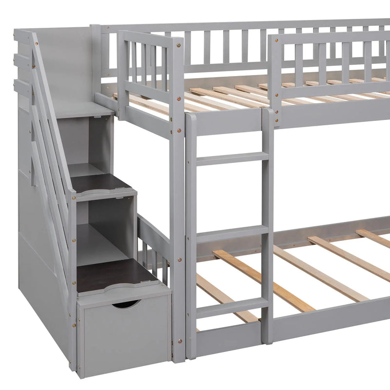 Twin Over Twin Bunk Stairway Bed With 2 Drawers And Slide - Gray by HouseOfZazla