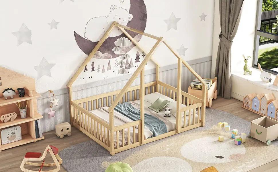 Wood House-Shaped Floor Bed With Fence, Guardrails by Unique Piece Furniture