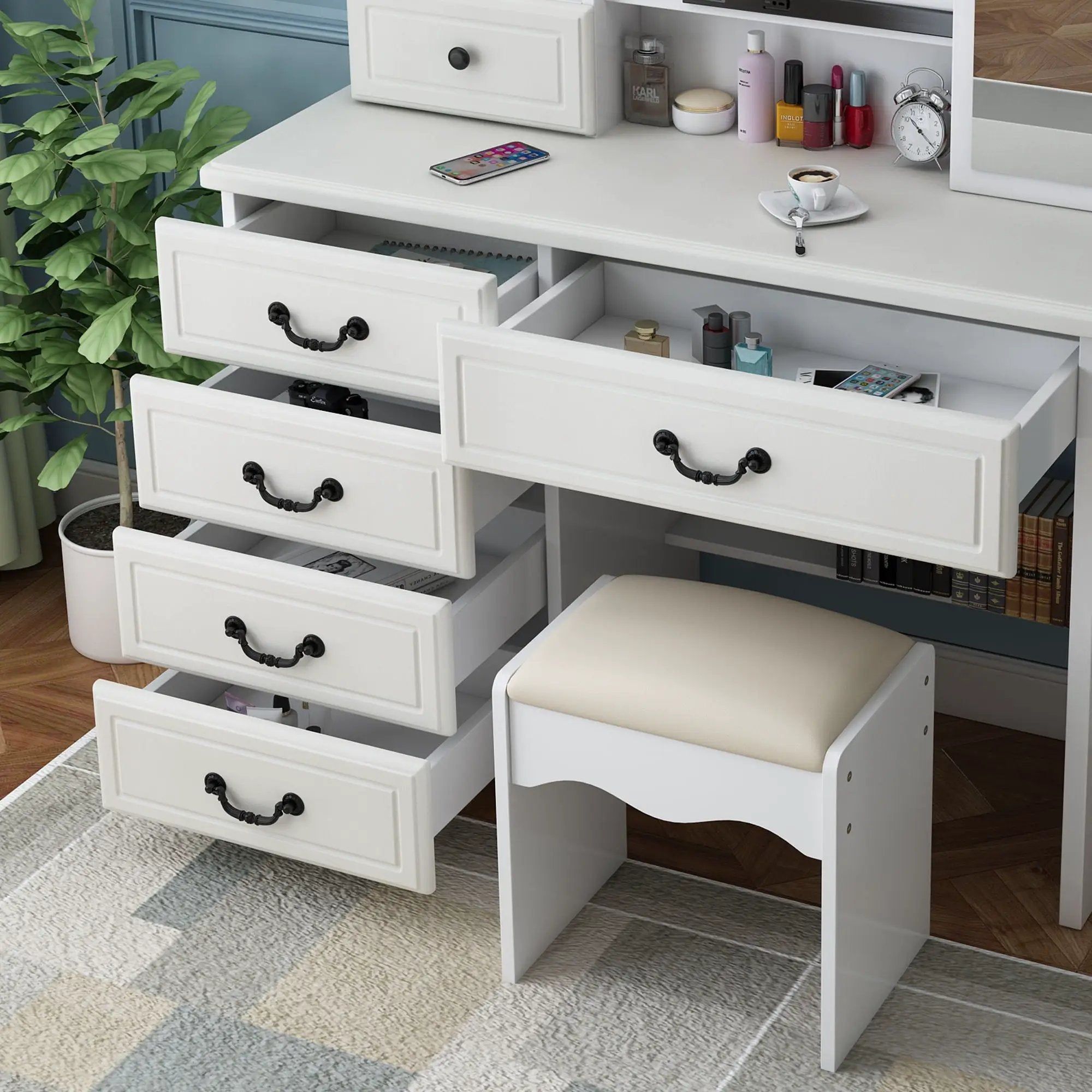Fashion Vanity Desk With Mirror And Adjustable Lighting, 6 Drawers, 3 Color Light Modes - White by Unique Piece Furniture