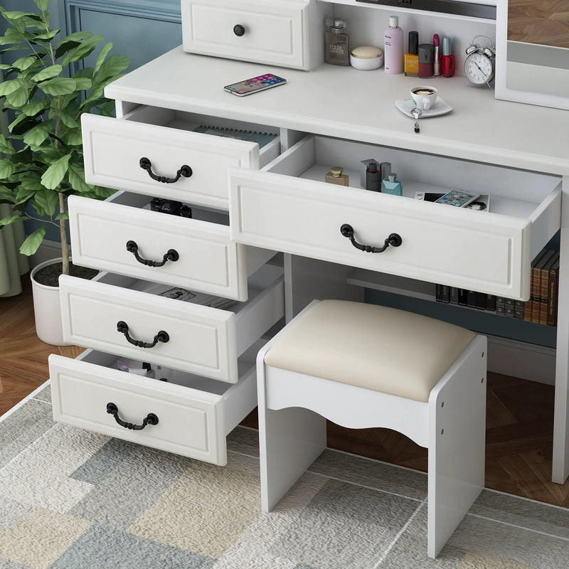Fashion Vanity Desk With Mirror And Adjustable Lighting, 6 Drawers, 3 Color Light Modes - White by HouseOfZazla