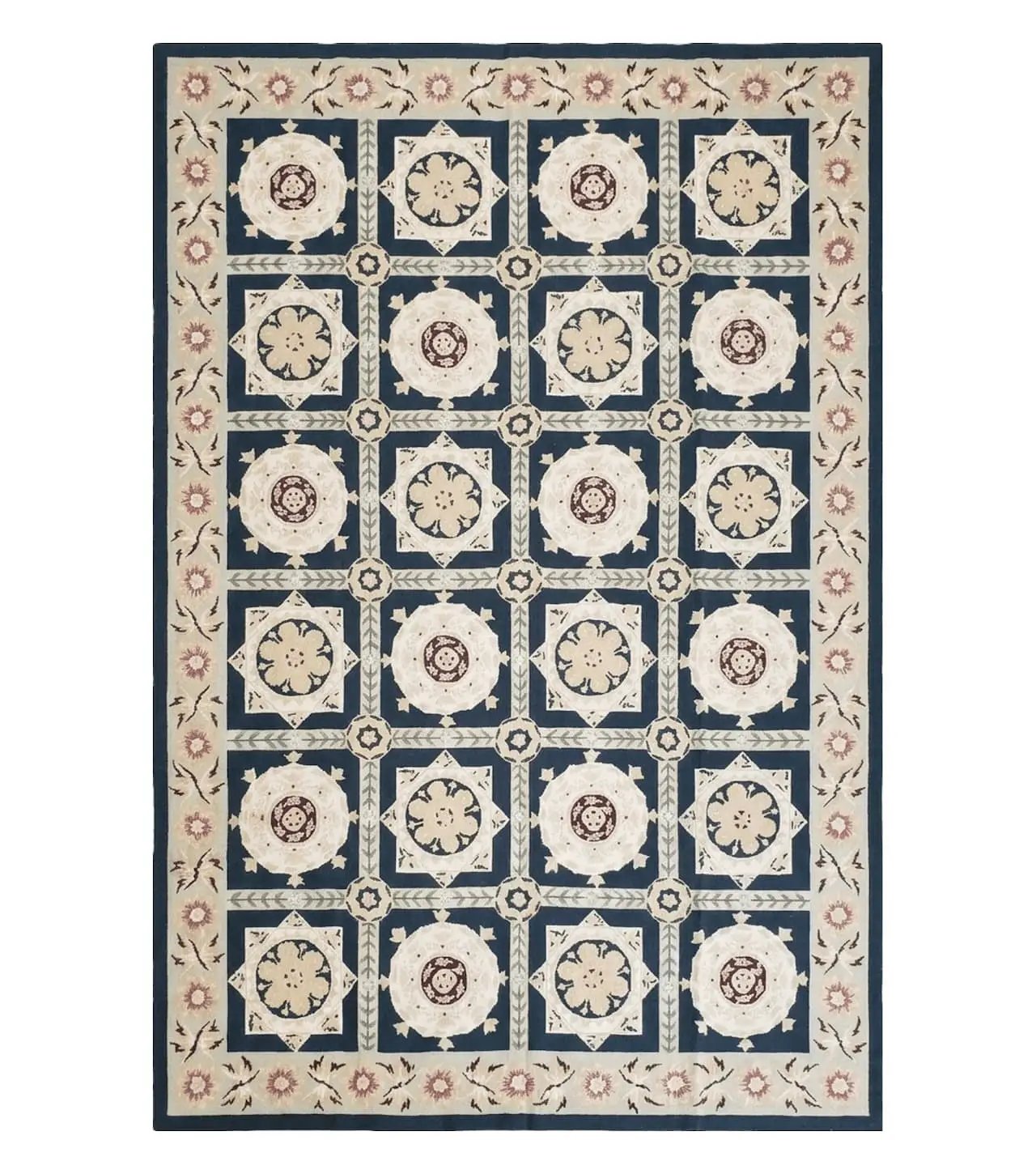 Vintage Chinese Needlepoint Rug 6x9, Panel Design Area Rug Wool Hand-Woven Black & Ivory Carpet Flat Weave Bedroom Rug 6 x 9 Living Room Rug by Jewel Rugs