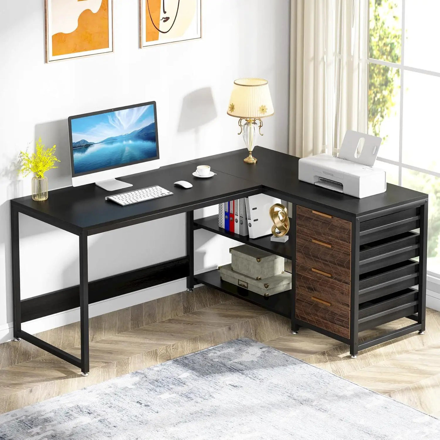 L-Shaped Computer Desk With Drawers And Shelves, Workstation For Home Office by HouseOfZazla