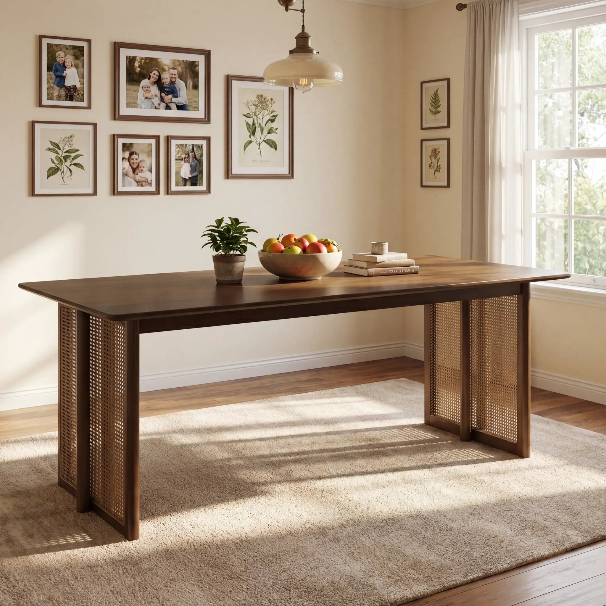 Walnut-Colored Rubber Wood Dining Table with Rattan Accents by HouseOfZazla