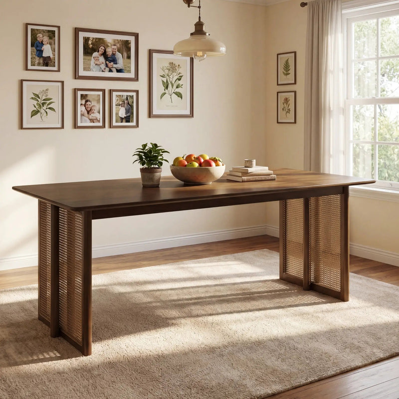 Walnut-Colored Rubber Wood Dining Table with Rattan Accents by HouseOfZazla
