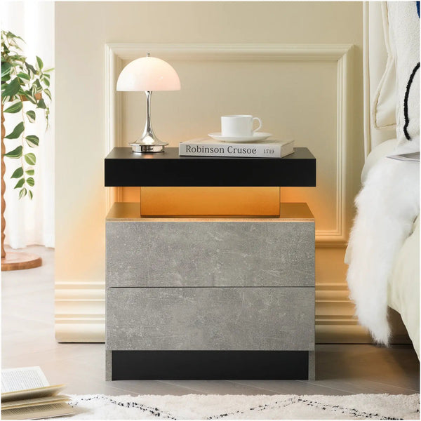 Modern LED Nightstand with 2 Drawers for Bedroom
