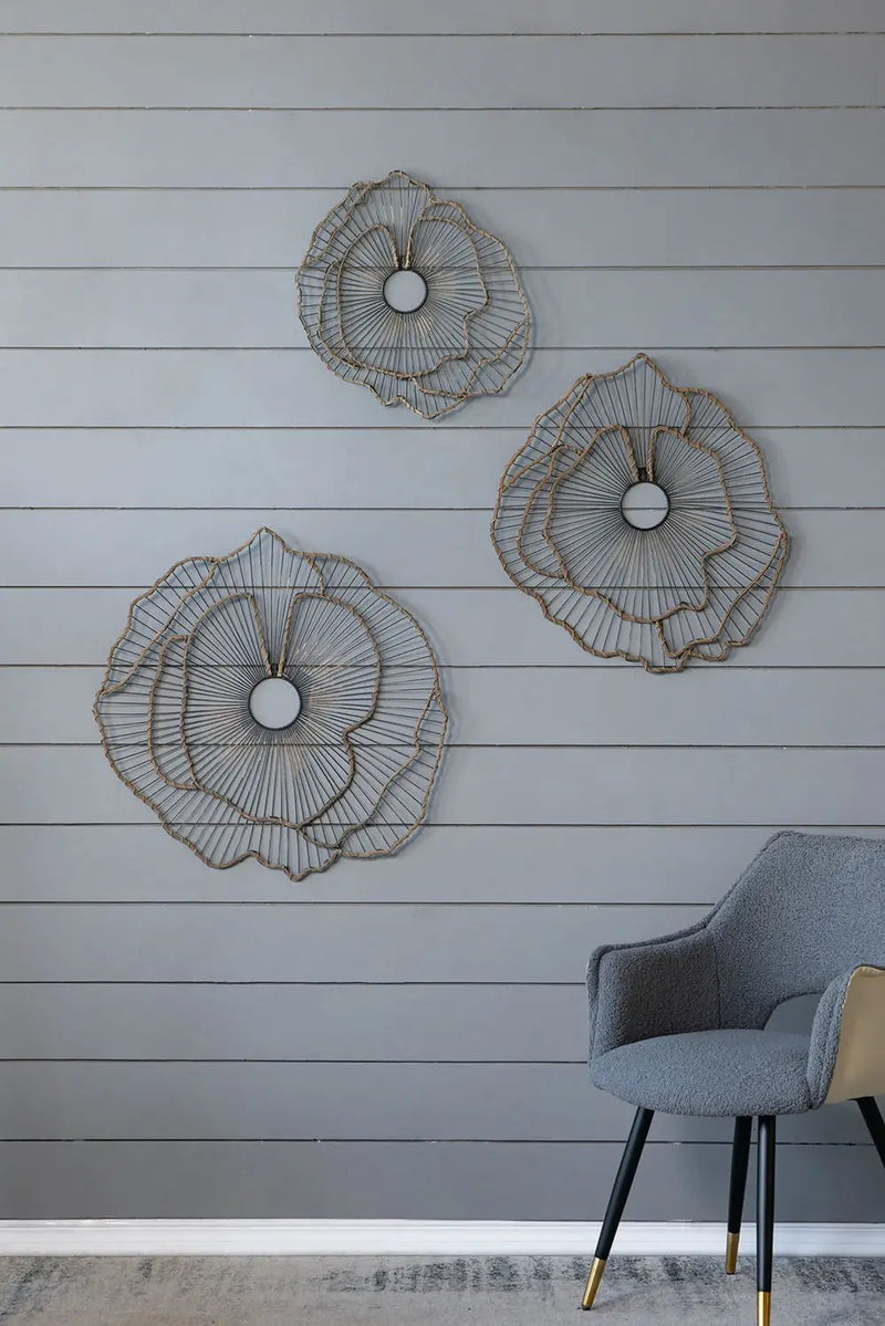 Metal Flowers Wall Decor, Transitional Wall Floral Sculpture For Foyer Porch Hallway Entrance (Set of 3) - Gold by Unique Piece Furniture