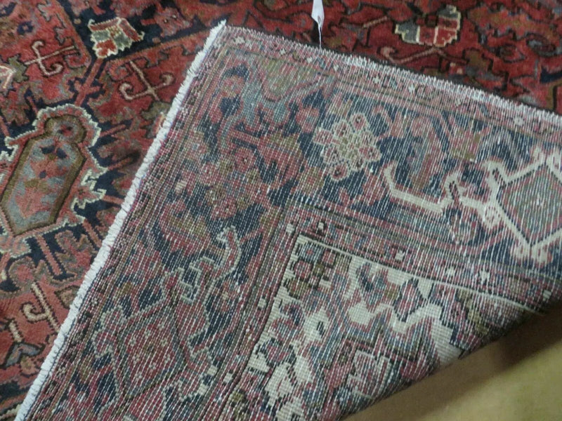 Persian Rug 8x11 Room Sized Heriz Carpet, Hand Knotted Wool Rug, Vintage Semi Antique, Geometric Medallion, Wine Red Cream Dark Blue, Wow by Jewel Rugs