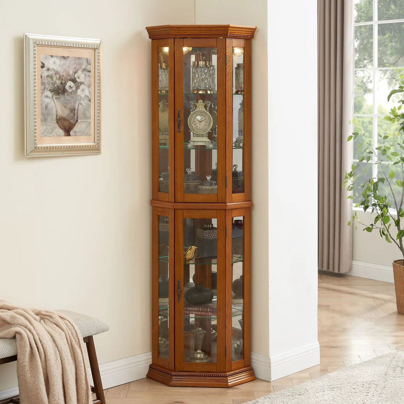 Corner Curio Cabinet With Lights, Adjustable Tempered Glass Shelves, Mirrored Back, Display Cabinet (E26 Light Bulb Not Included) by Unique Piece Furniture