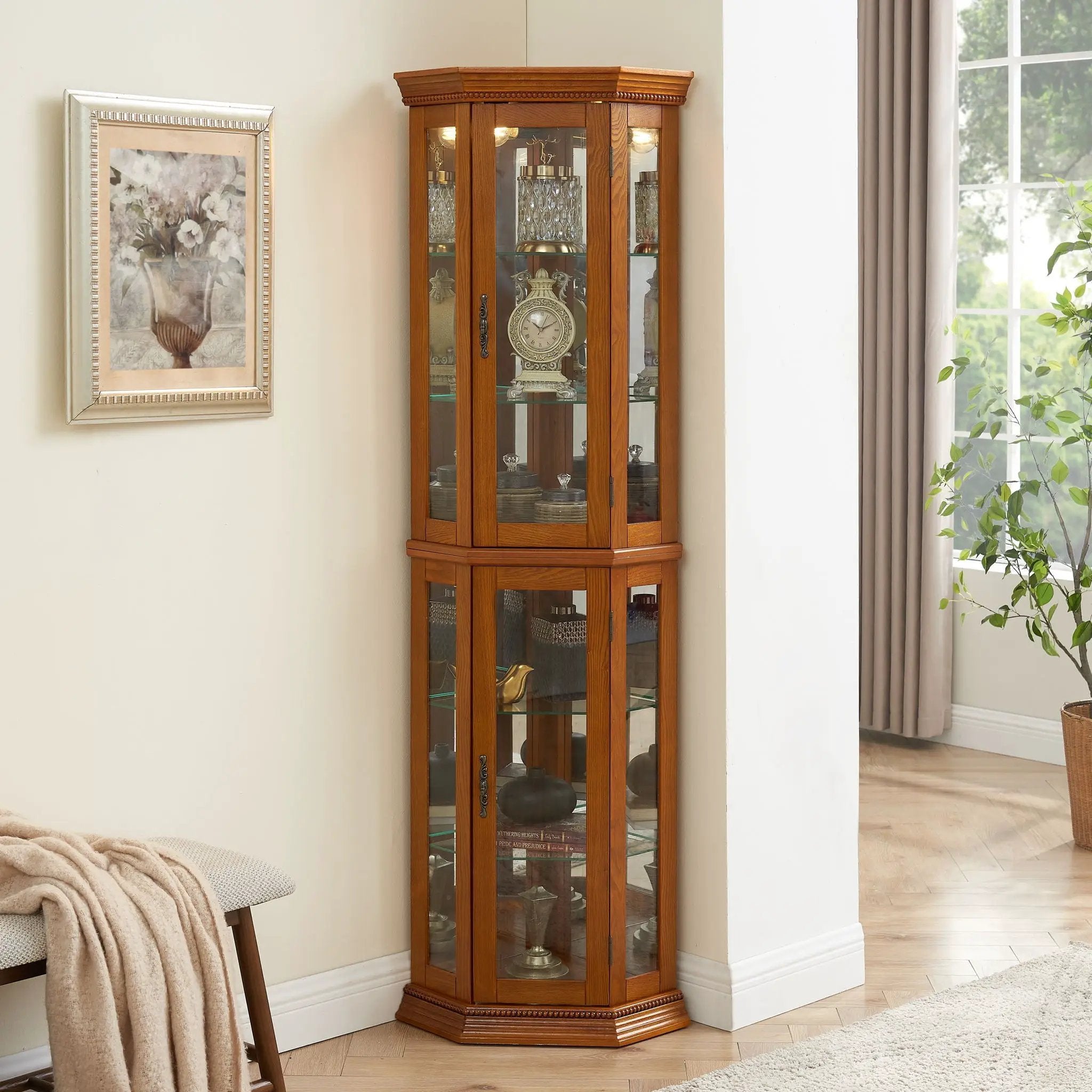 Corner Curio Cabinet With Lights, Adjustable Tempered Glass Shelves, Mirrored Back, Display Cabinet (E26 Light Bulb Not Included) by Unique Piece Furniture