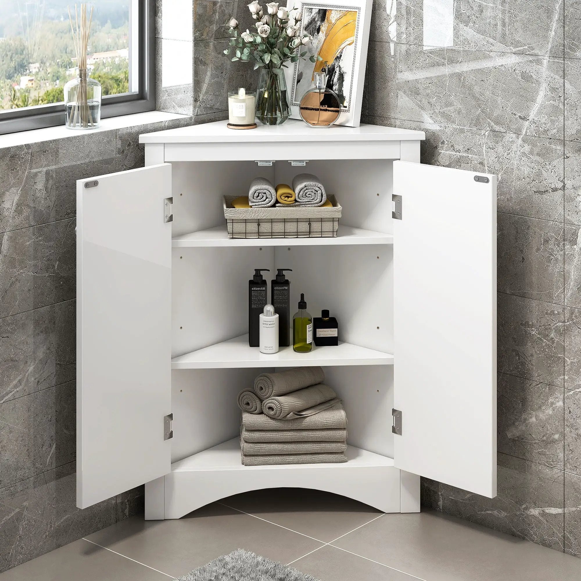 Triangle Bathroom Storage Cabinet With Adjustable Shelves, Freestanding Floor Cabinet For Home Kitchen by Unique Piece Furniture