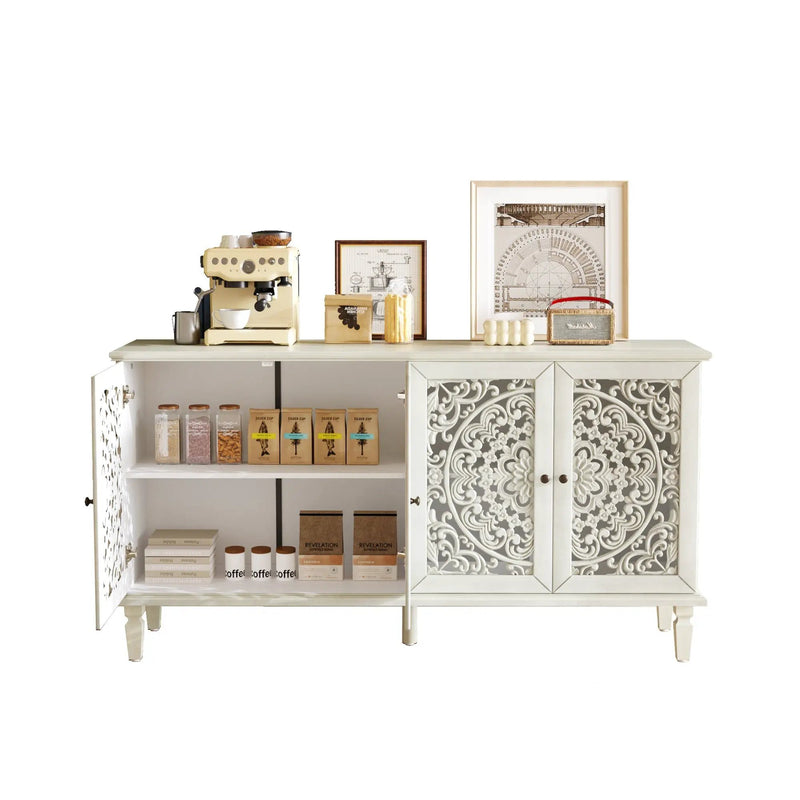 60" Antique Buffet Cabinet with Floral Carvings and Solid Wood Legs by HouseOfZazla
