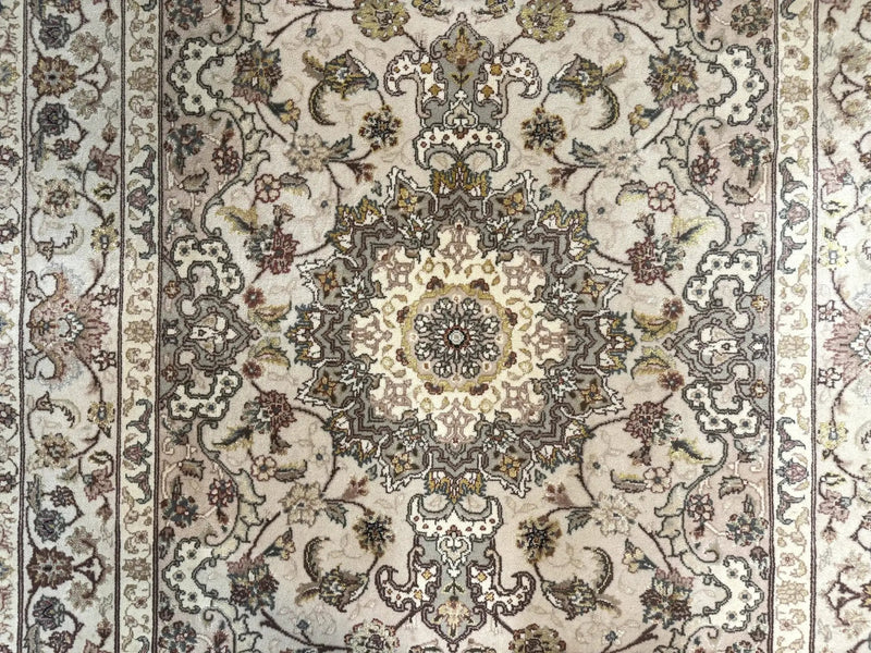 Pak Persian Rug 4x6, Floral Medallion, Beige, Wool and Silk Highlights, Vintage Handmade Rug by Jewel Rugs