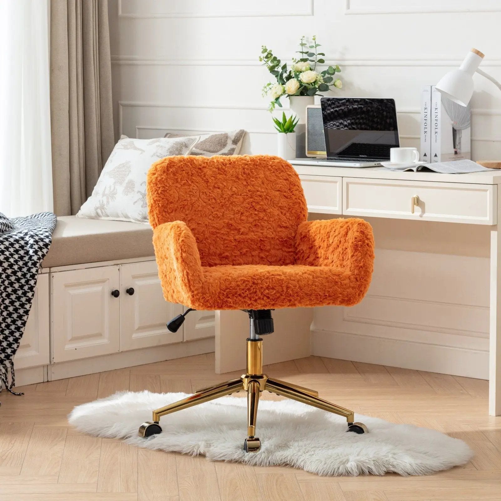Office Chair, Artificial Rabbit Hair Home Office Chair With Metal Base, Adjustable Desk Chair Swivel Office Chair, Vanity Chair by HouseOfZazla