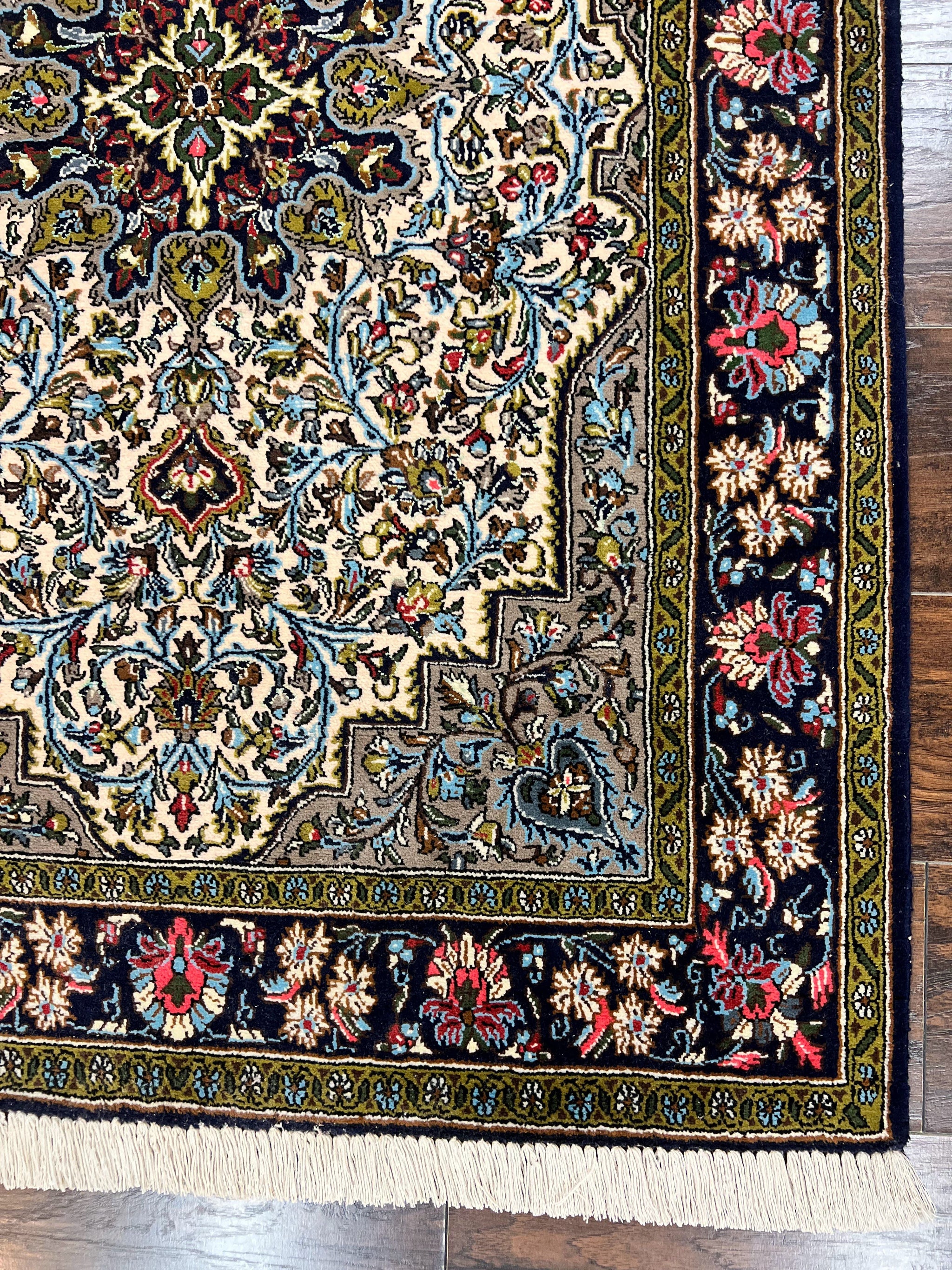 Persian Qum Rug 3x5, Wool with Silk Highlights, Handmade Semi Antique Carpet, Ivory & Navy Blue, Floral Medallion, Finely Hand Knotted by Jewel Rugs