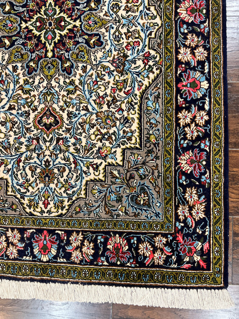 Persian Qum Rug 3x5, Wool with Silk Highlights, Handmade Semi Antique Carpet, Ivory & Navy Blue, Floral Medallion, Finely Hand Knotted by Jewel Rugs