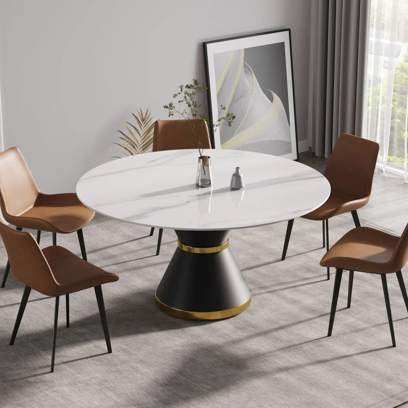 Modern Artificial Stone Round Carbon Steel Base Dining Table, Can Accommodate 6 People by Unique Piece Furniture