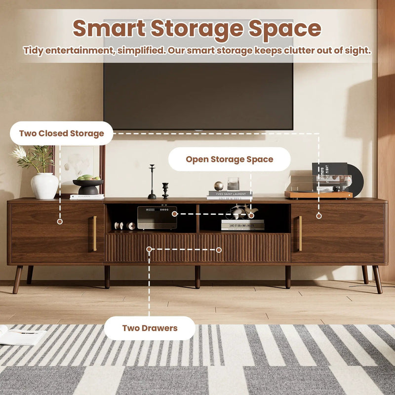 TV Stand For TVs Up To 85" With Soft-Close Doors, Open Shelf, Cable Management - Walnut by HouseOfZazla