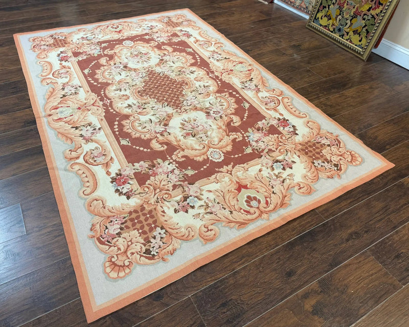 Vintage Needlepoint Rug 6x9, Aubusson Rug, Flatweave Wool Elegant Carpet, Medium Size, French European Design by Jewel Rugs