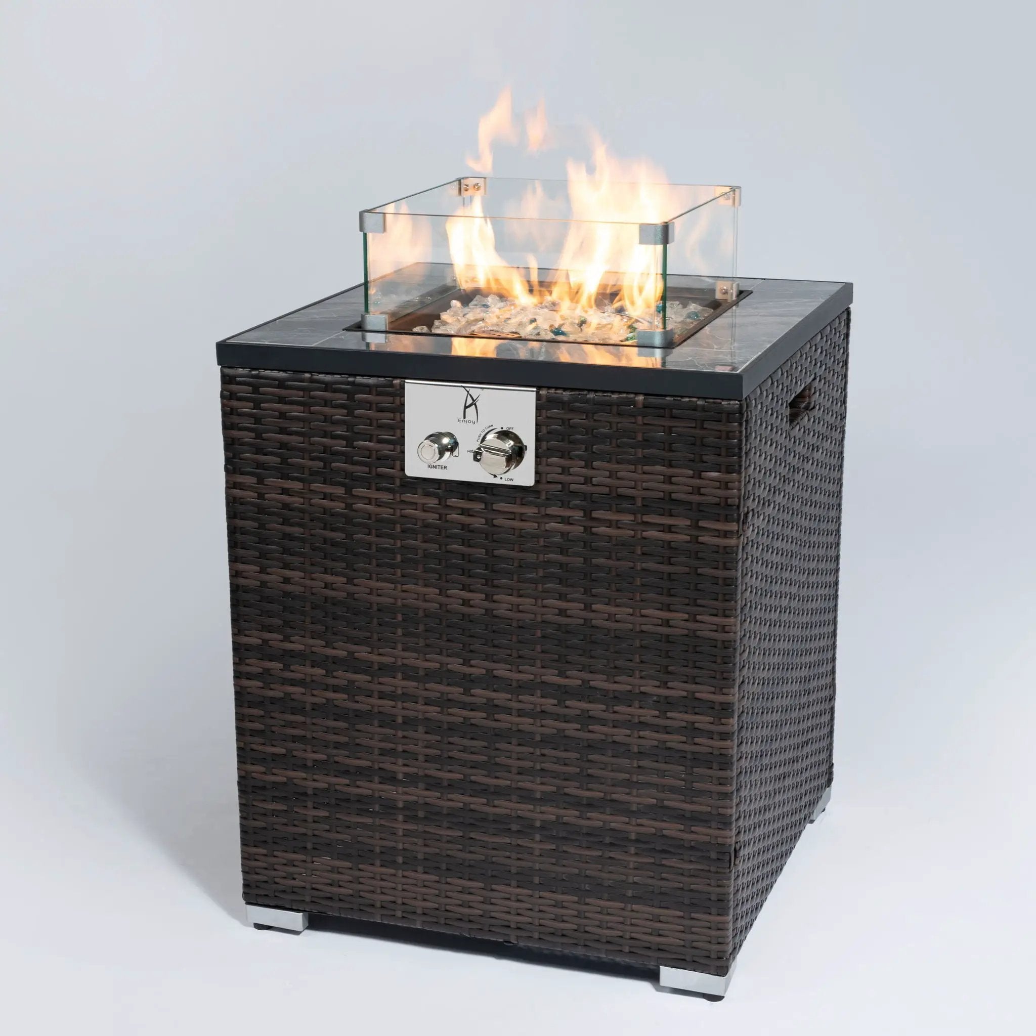 Propane Gas Square Fire Pit, Tile Tabletop With Beautiful Wicker Base For Outside by HouseOfZazla