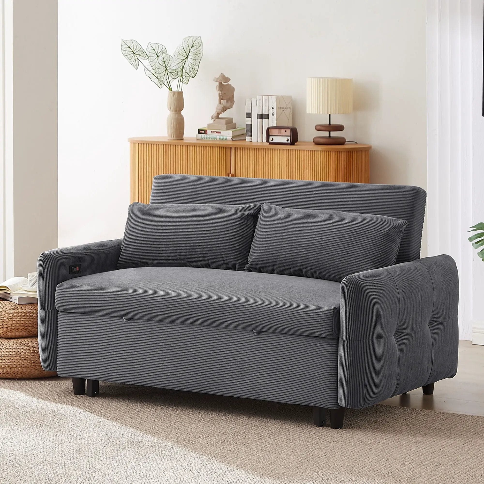 Pull-Out 2 Seat Modern Sleeper Sofa With 2 Throw Pillows And USB Ports by HouseOfZazla