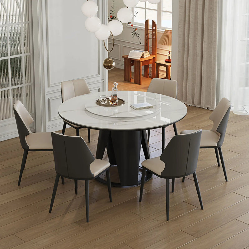 Modern Sintered Stone Dining Table With Round Turntable And Metal Pedestal - White by HouseOfZazla