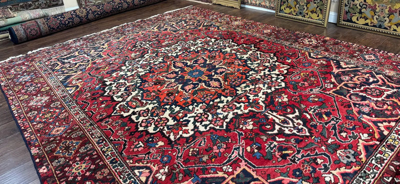 Rare Persian Bakhtiari Rug 10x13, Red, Semi Antique, Large Persian Carpet, Handmade by Jewel Rugs