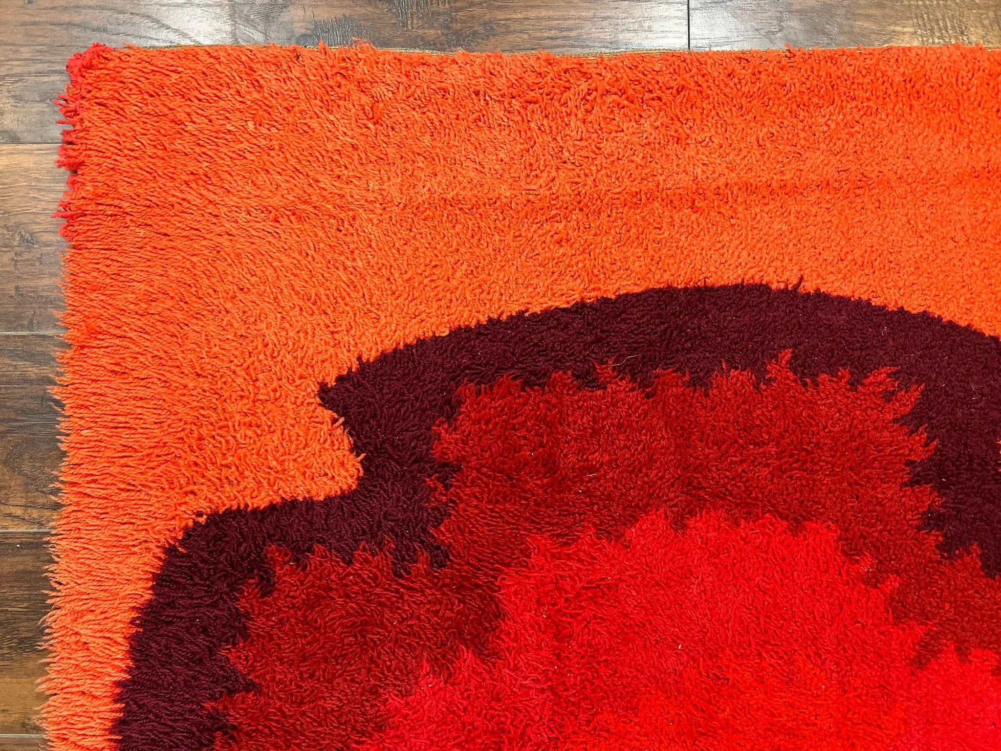 Danish Rya Shag Rug 4x6, Mid Century 1960s Retro Vintage Wool Rug, Shades of Red by Jewel Rugs
