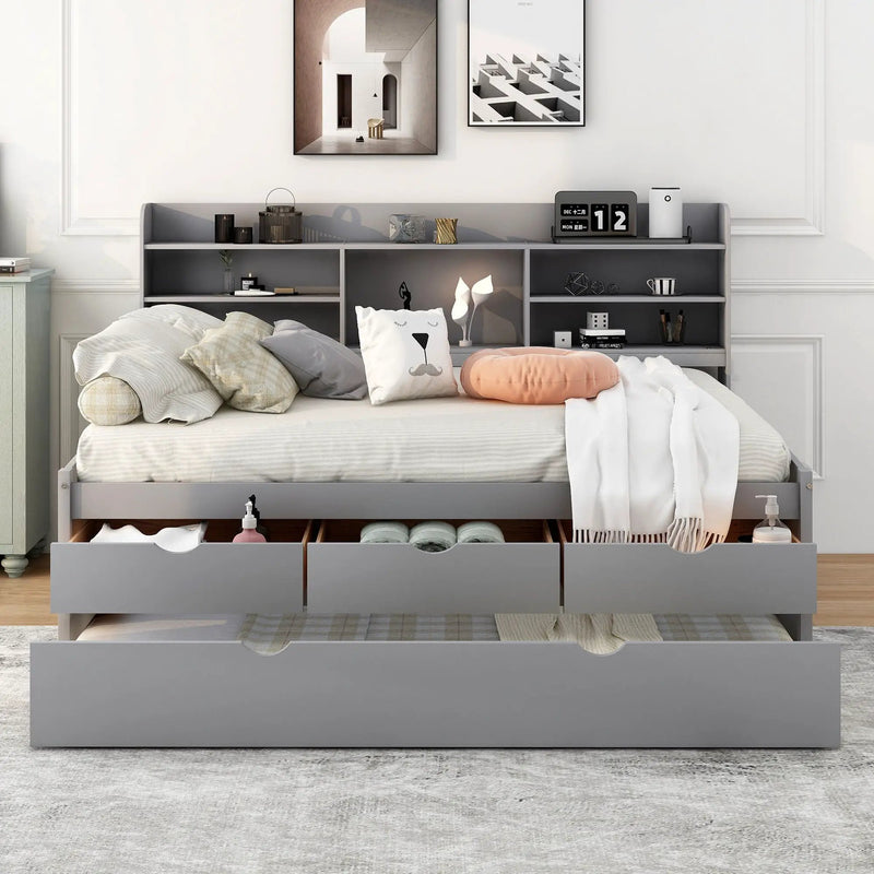 Captain Bed With Built In Bookshelves, 3 Storage Drawers, And Trundle by Unique Piece Furniture