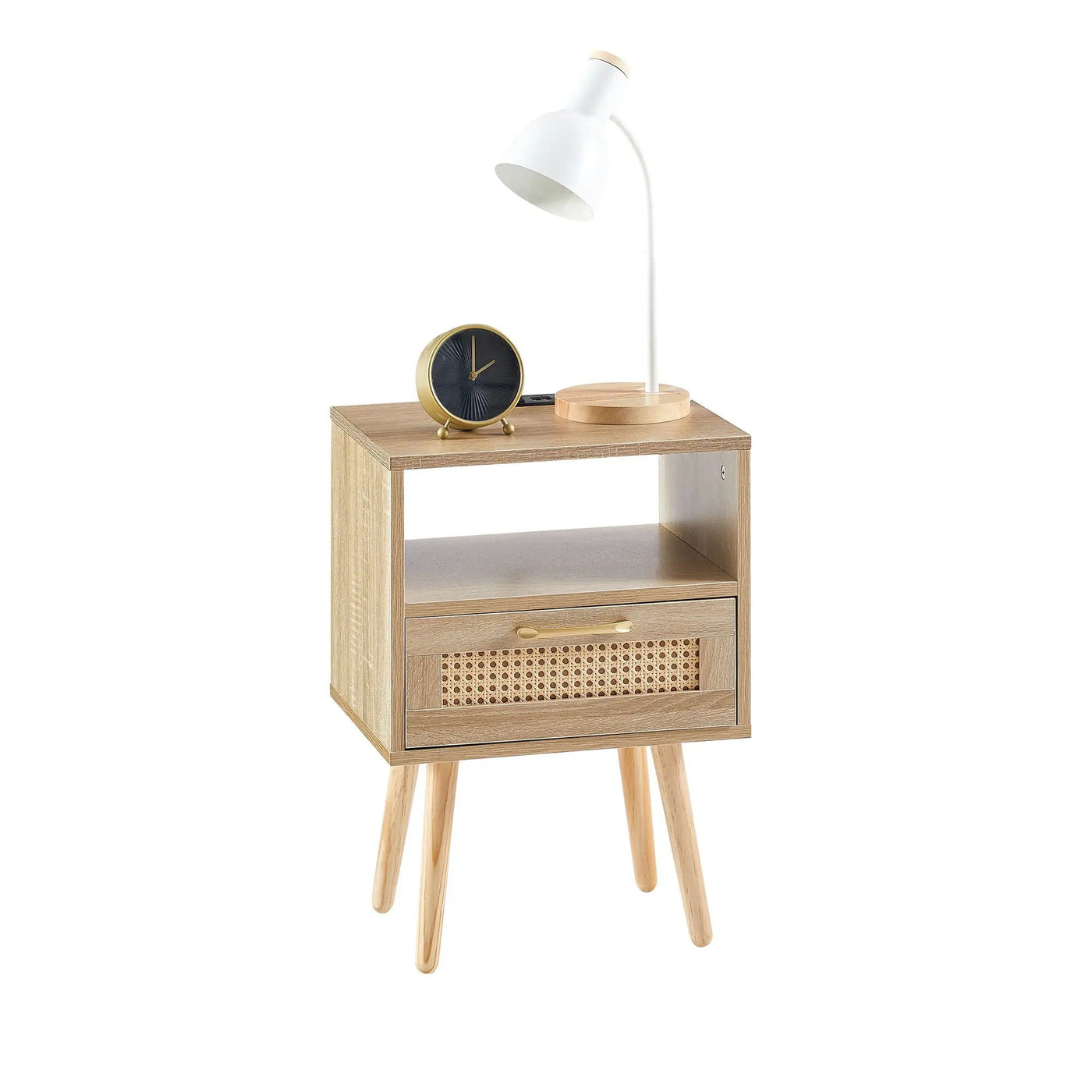 15.75" Rattan End Table With Power Outlet & USB Ports, Modern Nightstand With Drawer And Solid Wood Legs, Side Table For Living Room, Bedroom by Unique Piece Furniture