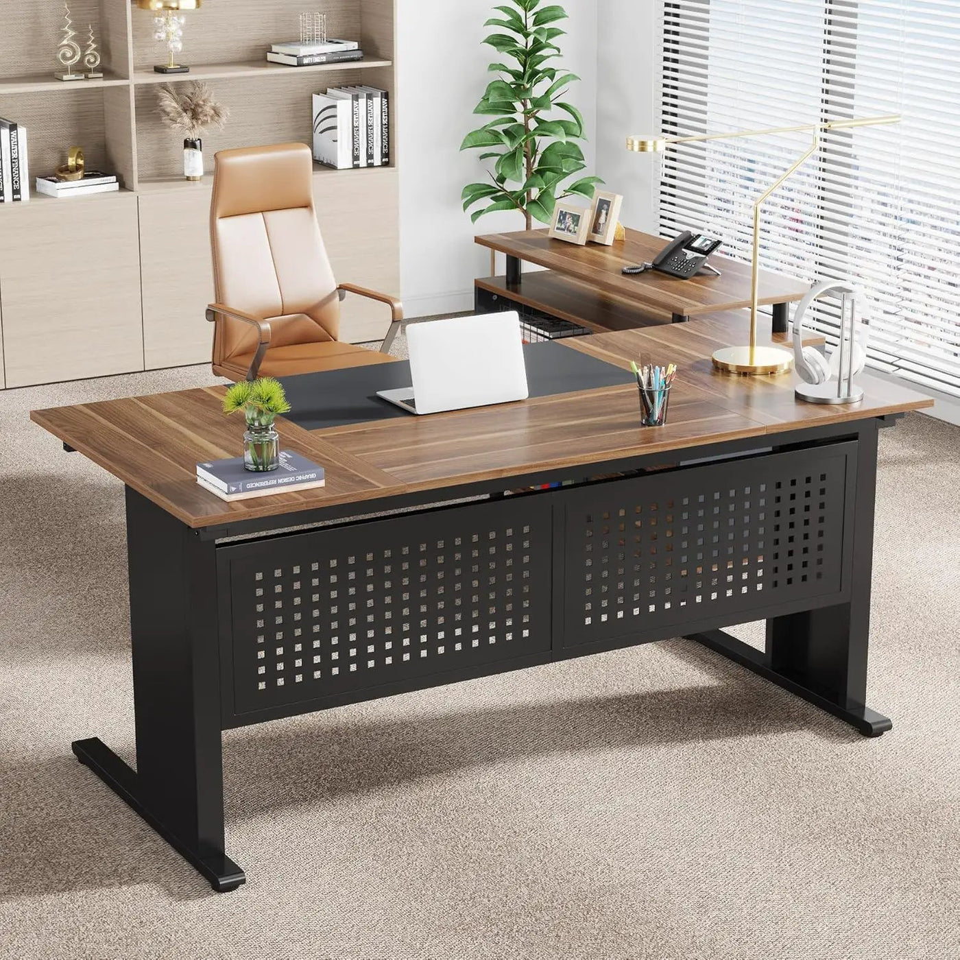 L-Shaped Executive Desk With File Cabinet, Office Workstation With Drawers, Shelves & Storage by HouseOfZazla