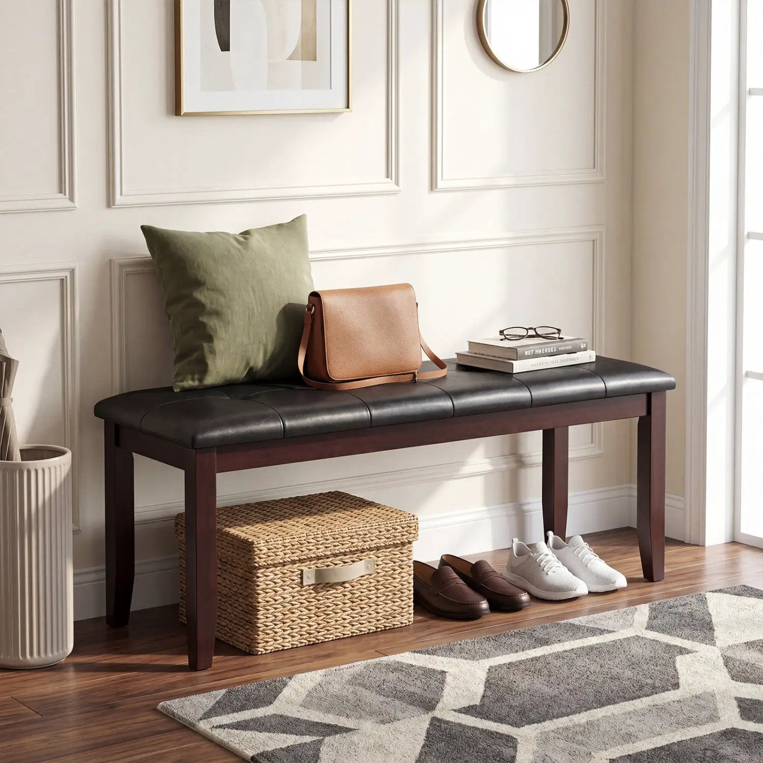 Upholstered Bench with Tufted Seat and Wood Legs, 45.5" by DirectDeals