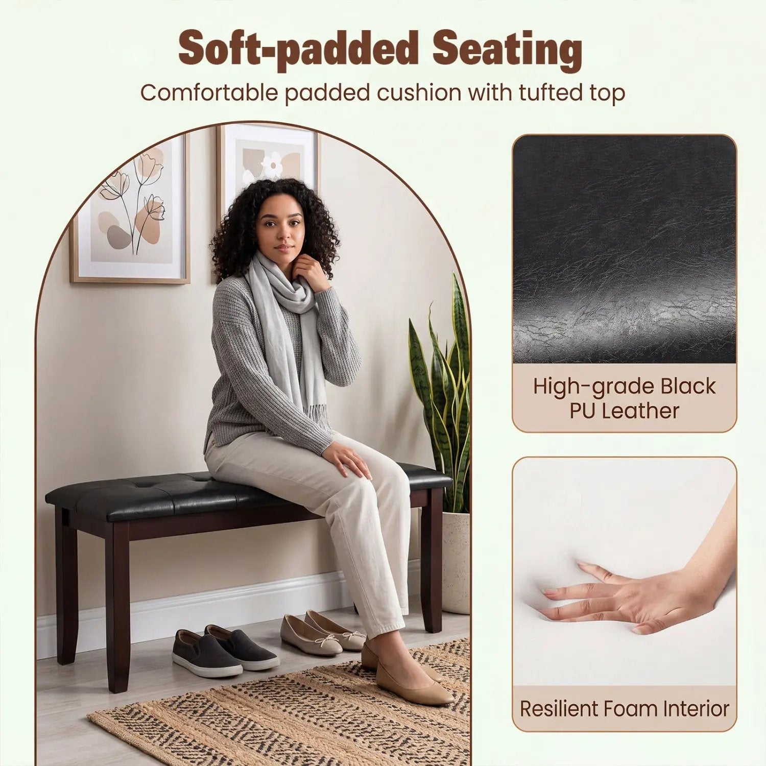Upholstered Bench with Tufted Seat and Wood Legs, 45.5" by DirectDeals