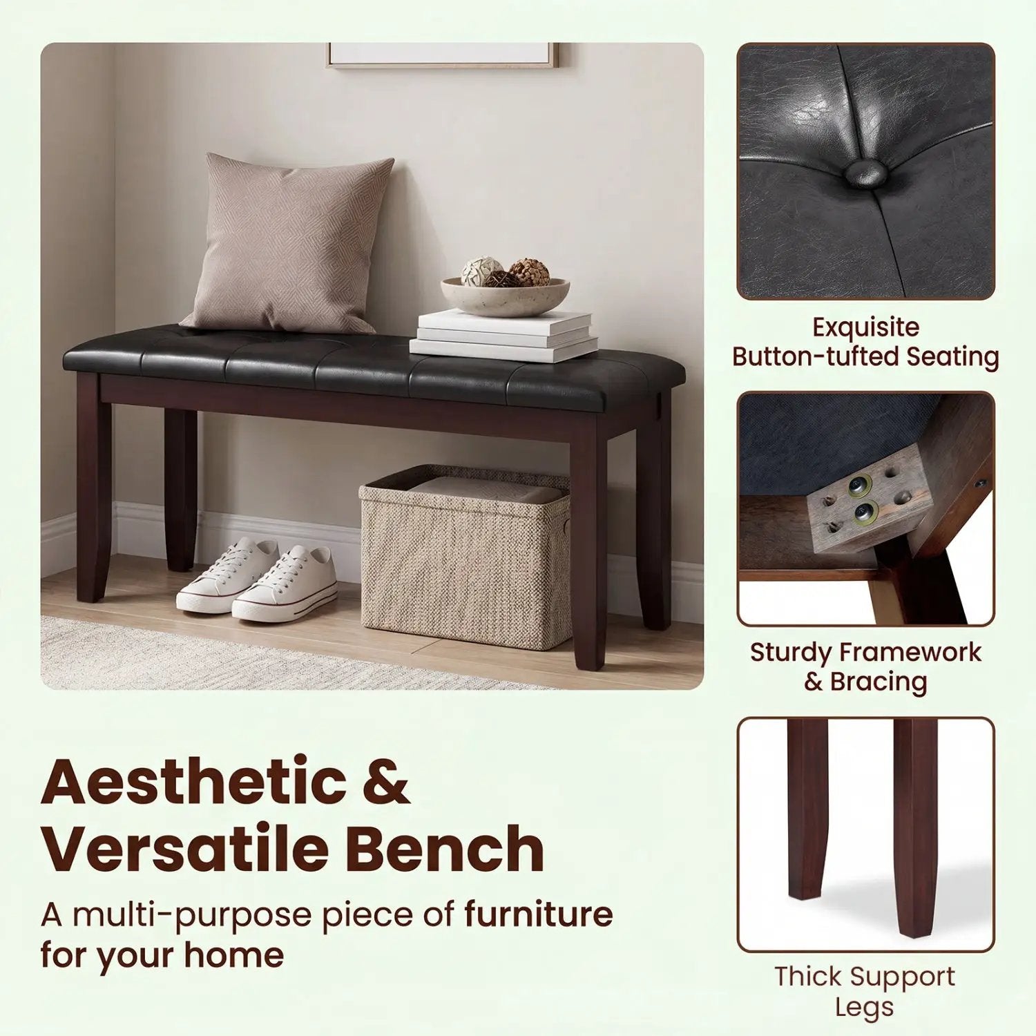 Upholstered Bench with Tufted Seat and Wood Legs, 45.5" by DirectDeals