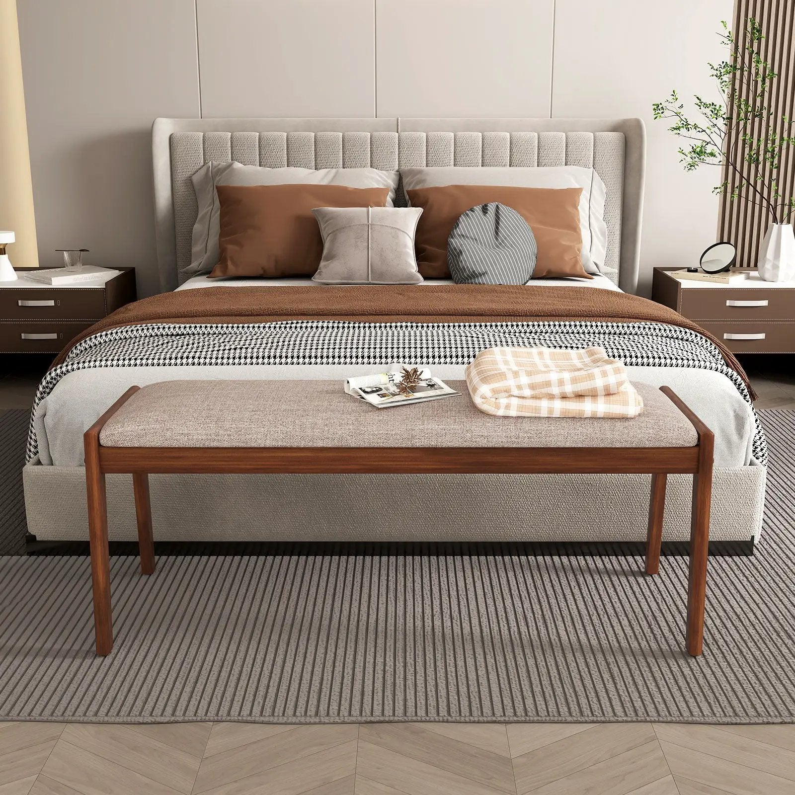 45 Inch Farmhouse Backless Bench with Rubber Wood Legs and Fabric Padded Seat-Beige by DirectDeals