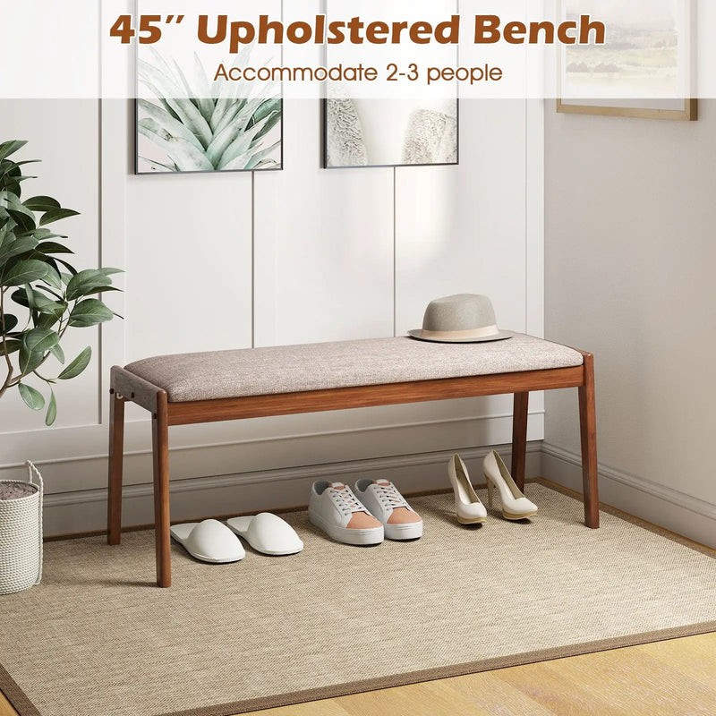 45 Inch Farmhouse Backless Bench with Rubber Wood Legs and Fabric Padded Seat-Beige by DirectDeals