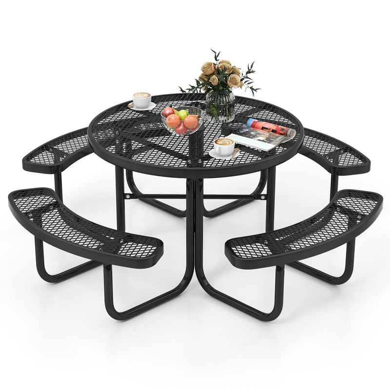 45 Inches Outdoor Round Picnic Table and Bench Set for 8 with Umbrella Hole-Black by DirectDeals